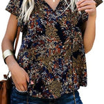 Women's Summer Chiffon Blouse V-Neck Floral Print Shirt