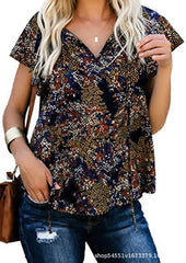 Women's Summer Chiffon Blouse V-Neck Floral Print Shirt