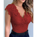 Women's Slim Lace V-Neck Top Sexy T-Shirt Elegant Summer Short Sleeve Flower Lace Hollow Out Tops T-Shirts