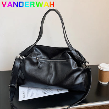 Large Capacity Black Shoulder Bag Women's Large Hobo Bag Solid Color Quality Soft Faux Leather Crossbody Handbag Travel Tote Bag