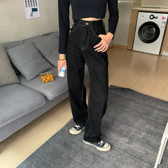 Vintage High Waist Women's Black Jeans Streetwear Fashion Wide Leg Jeans Denim Trousers Straight Baggy Pants
