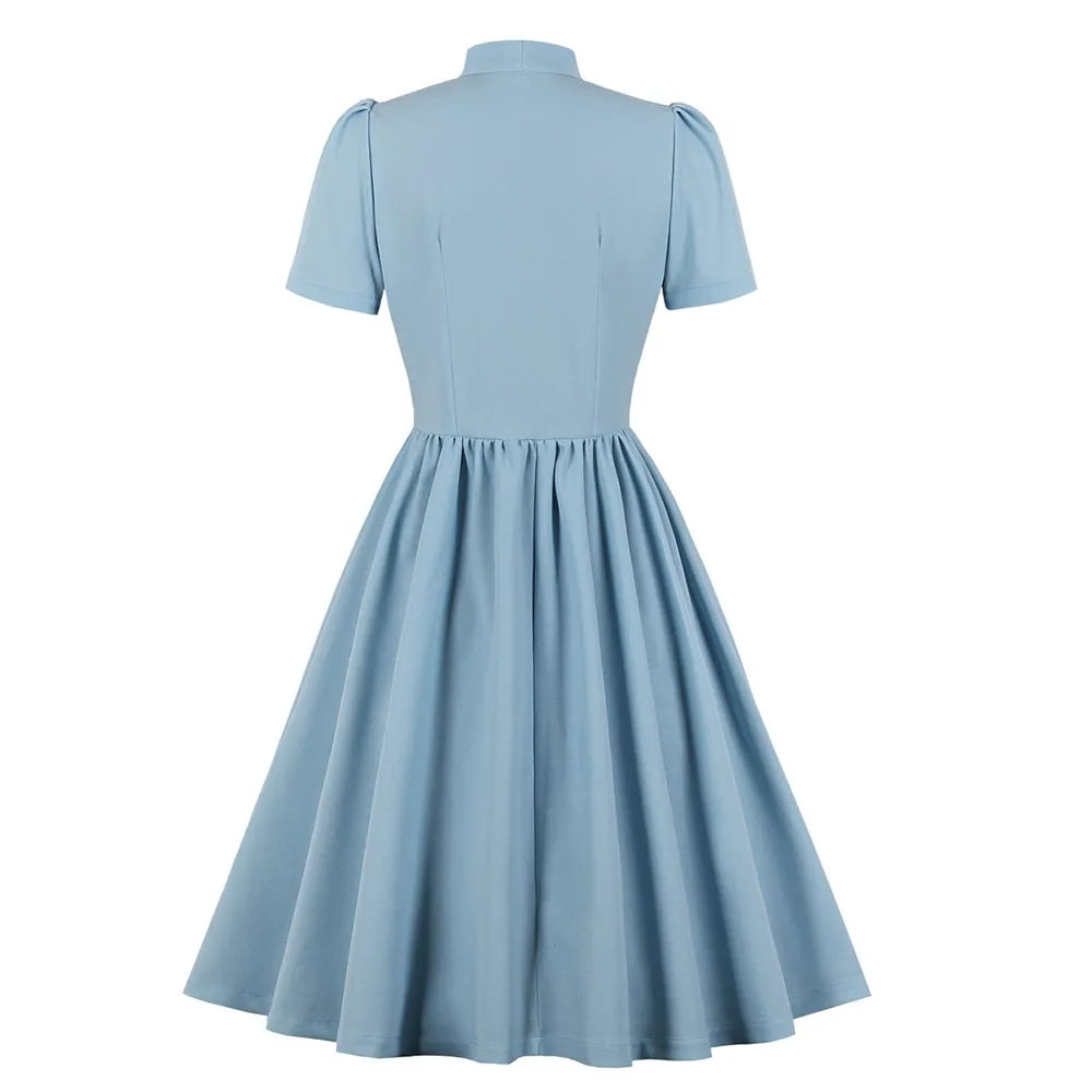 Plus Size Pleated Dress Vintage Style Bow Tie Neck Button Up Women's Summer Belted 50s/60s Rockabilly Style Dresses