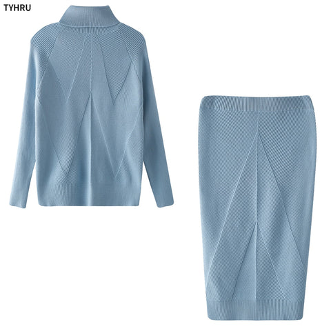 Turtleneck Knit Loungewear Set Women 2-Piece Pencil Skirt Pullover Sweater Work From Home