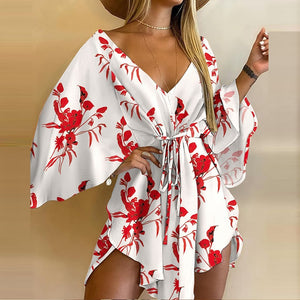 Women's Tropical Print Dress V Neck Batwing Sleeve Tie Mini Dress Beachwear