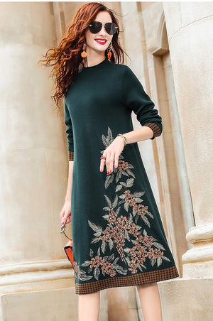 Women's Embroidered Knitted Long Sleeve Dress Thin Round Neck