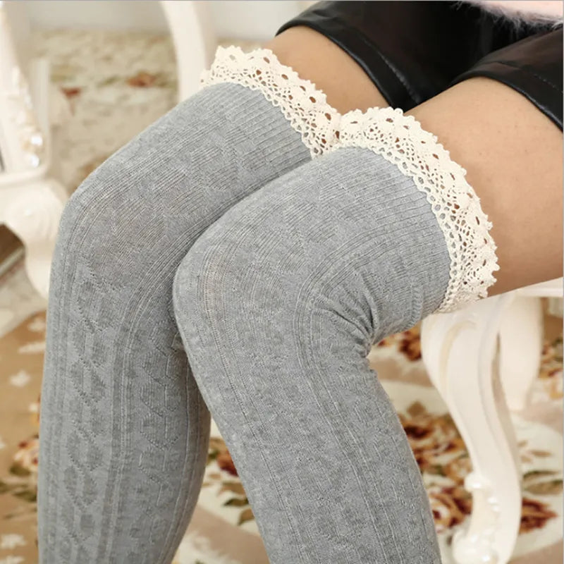 Thigh High Over The Knee Stockings Fashion Lace Knee Socks Cotton Warm Long Stocking Knit Lace