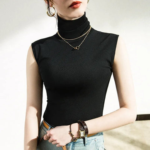 Turtleneck Tank Top Women Slim Sleeveless Chic Black Casual Elegant Autumn Fashion Top