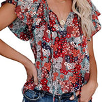 Women's Summer Chiffon Blouse V-Neck Floral Print Shirt