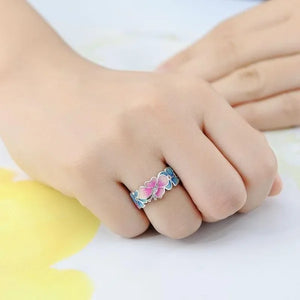 Pink Blue Enamel Butterfly Ring Exquisite Vintage 925 Silver Zircon Engagement Promise Ring Gift for Her