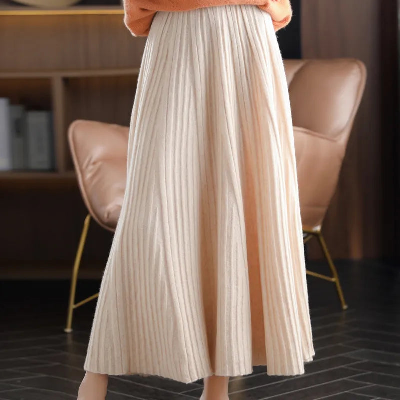 Women's  Cashmere A-Line Skirt Pleated Knit Long Skirt 100%Wool Large Size High Waist Shirring Skirt