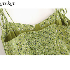Women's Vintage Very Green Floral Long Midi Strap Dress Sleeveless  Slit A-line Dress