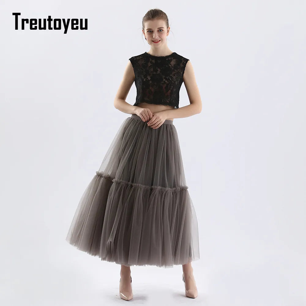 Long Tulle Skirts for Women Gothic Pleated Skirt Casual Party Fairy Core Ruffles Midi Skirt