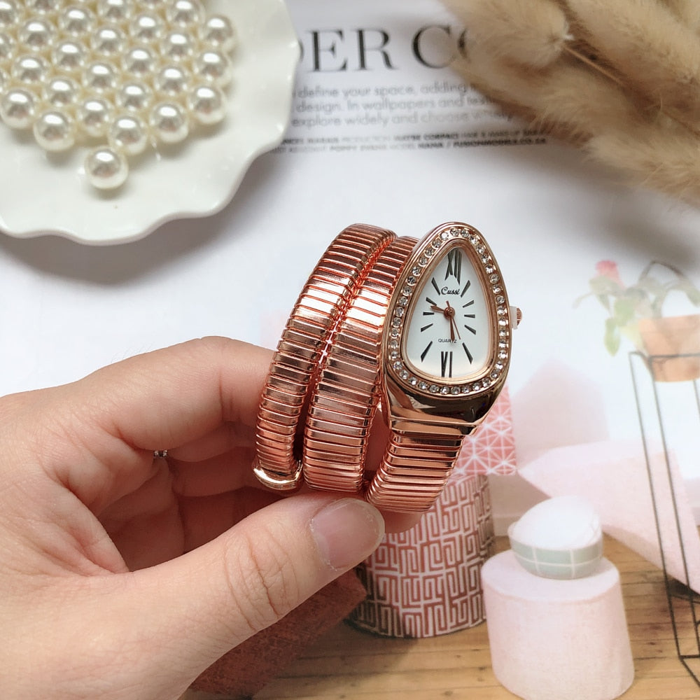 Women's Luxury Quartz Watch with Snake Design Bracelet Band Gold Silver & Rose Gold