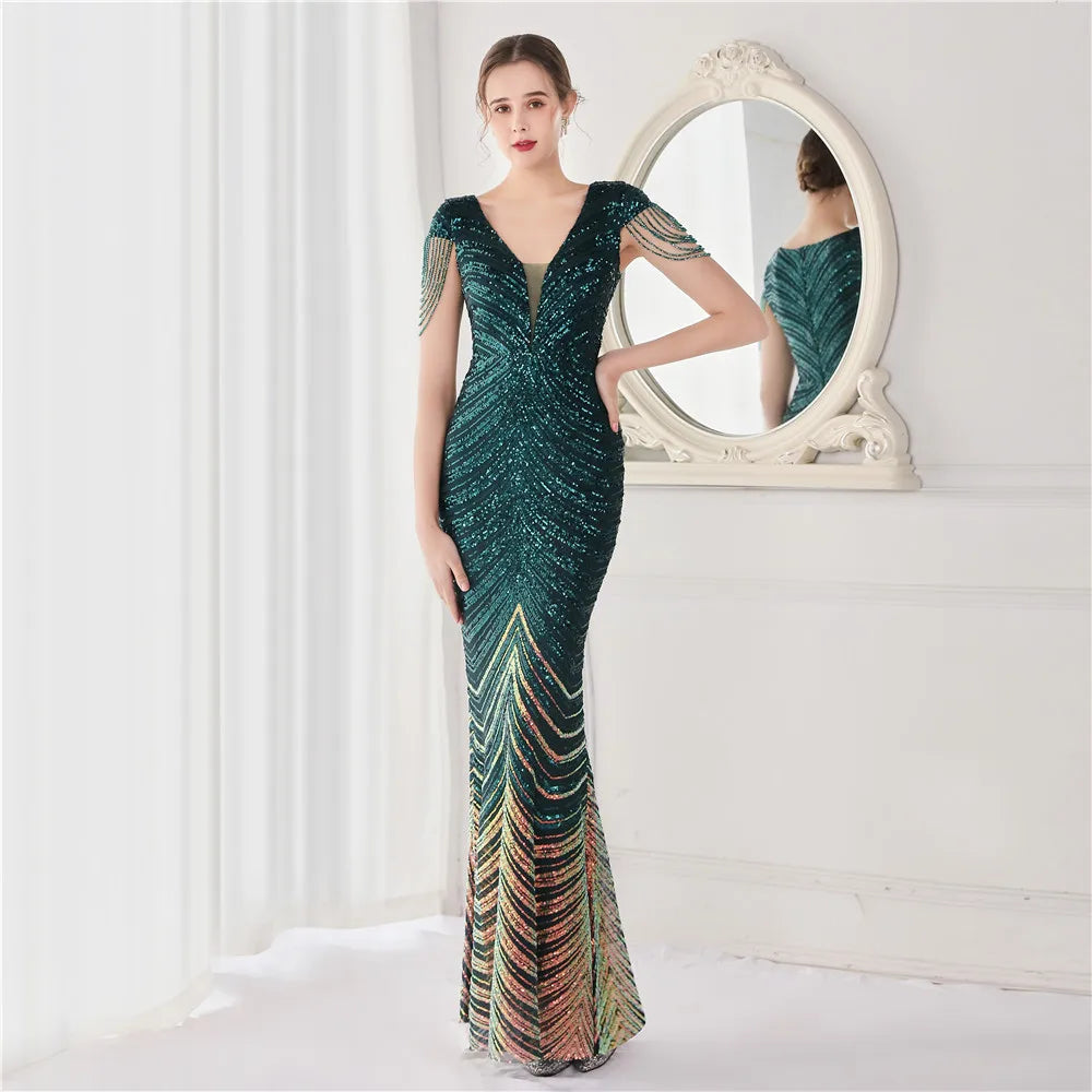 Green Sequin Beaded Mermaid Evening Dress Women V-Neck Cap Sleeve Elegant Prom Wedding Guest
