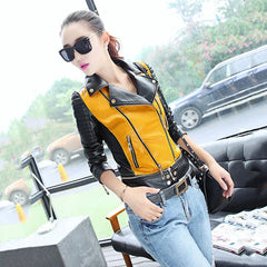 Women's Soft Motorcycle Jacket Short Faux Leather Spring Autumn Streetwear  Spliced Zippers Coat