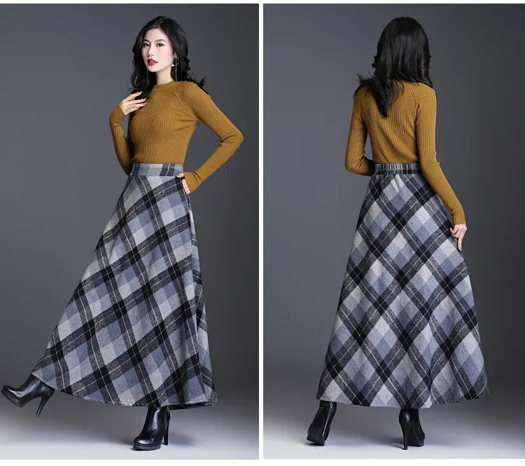 Women's Wool Thick Warm Plaid Skirts British Style Clothing with Pockets Pleated A-Line Midi Tartan Skirt