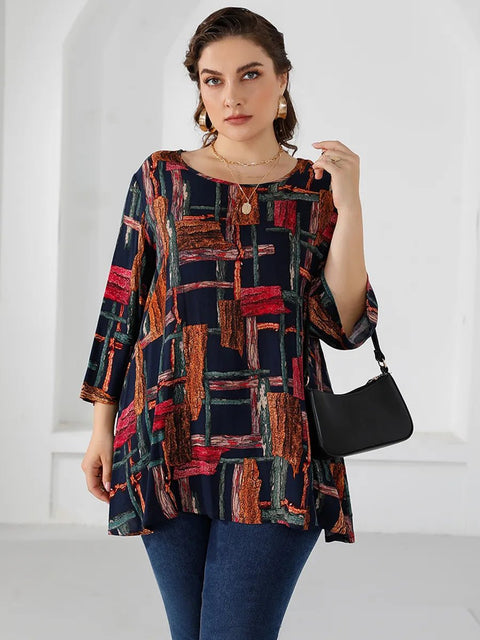 Plus Size Blouse Women Three Quarter Sleeve Colorful Print Casual Long Loose Oversized Fashion Top
