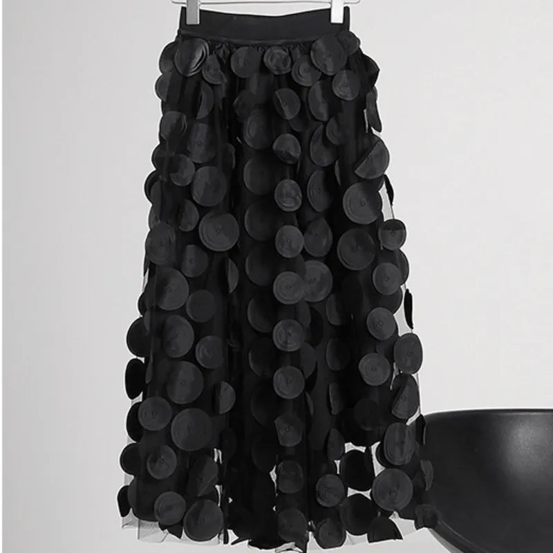 Women's Polka Dot Gauze Elastic Waist Skirt Loose Fit Streetwear Fashion Midi A-Line Mesh Skirt