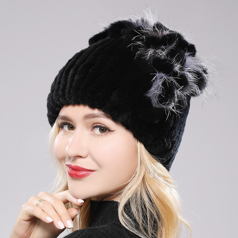 Women's Genuine Rex Rabbit Fur Hat Striped Top Flower Warm Real Fur Knit Beanie Caps