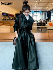 Women's Black Oversized Long Waterproof Vegan Leather Trench Coat