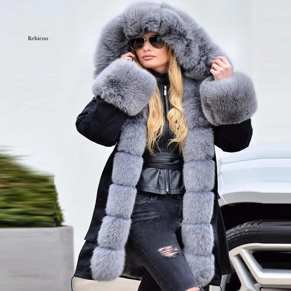Women's Faux Fur Winter Hooded Parka Overcoat Warm Windproof Padded Open Front Coat