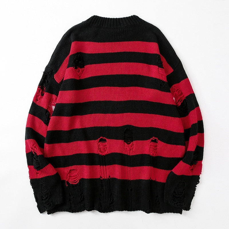 Horizontal Striped Women's Hollow Out Sweater Punk Grunge Hole Distressed Jumper