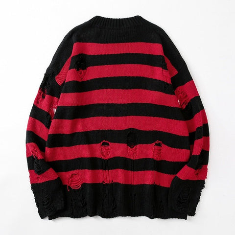 Striped Hollow Out Sweater Women Punk Grunge Distressed Hole Casual Streetwear Fashion Top