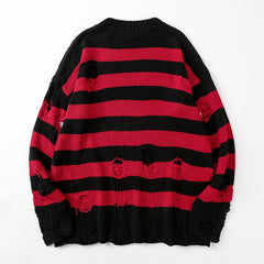 Horizontal Striped Women's Hollow Out Sweater Punk Grunge Hole Distressed Jumper