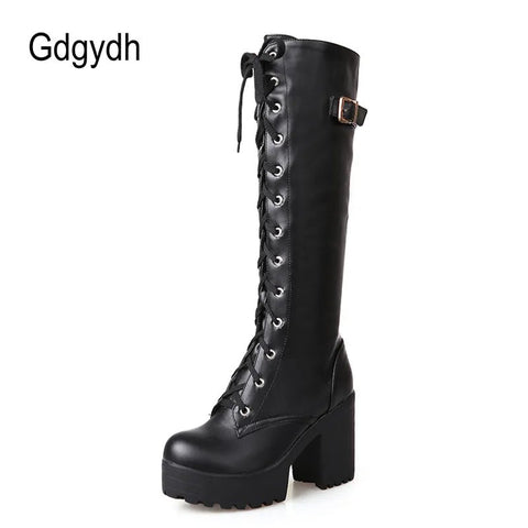 Knee High Boots Women Gothic Lace Faux Leather Chic Elegant Fashion Shoes