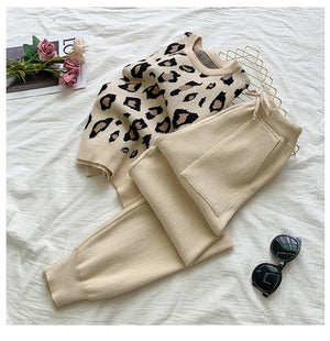 Women's Designer Leisure Pant Suit Long Sleeve Knit Leopard Pullover Sweater + Elastic Waist Sweat Type Pants Set 2-Piece Outfit