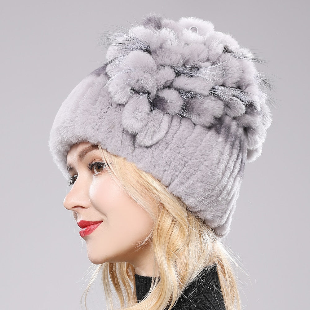 Women's Genuine Rex Rabbit Fur Hat Striped Top Flower Warm Real Fur Knit Beanie Caps