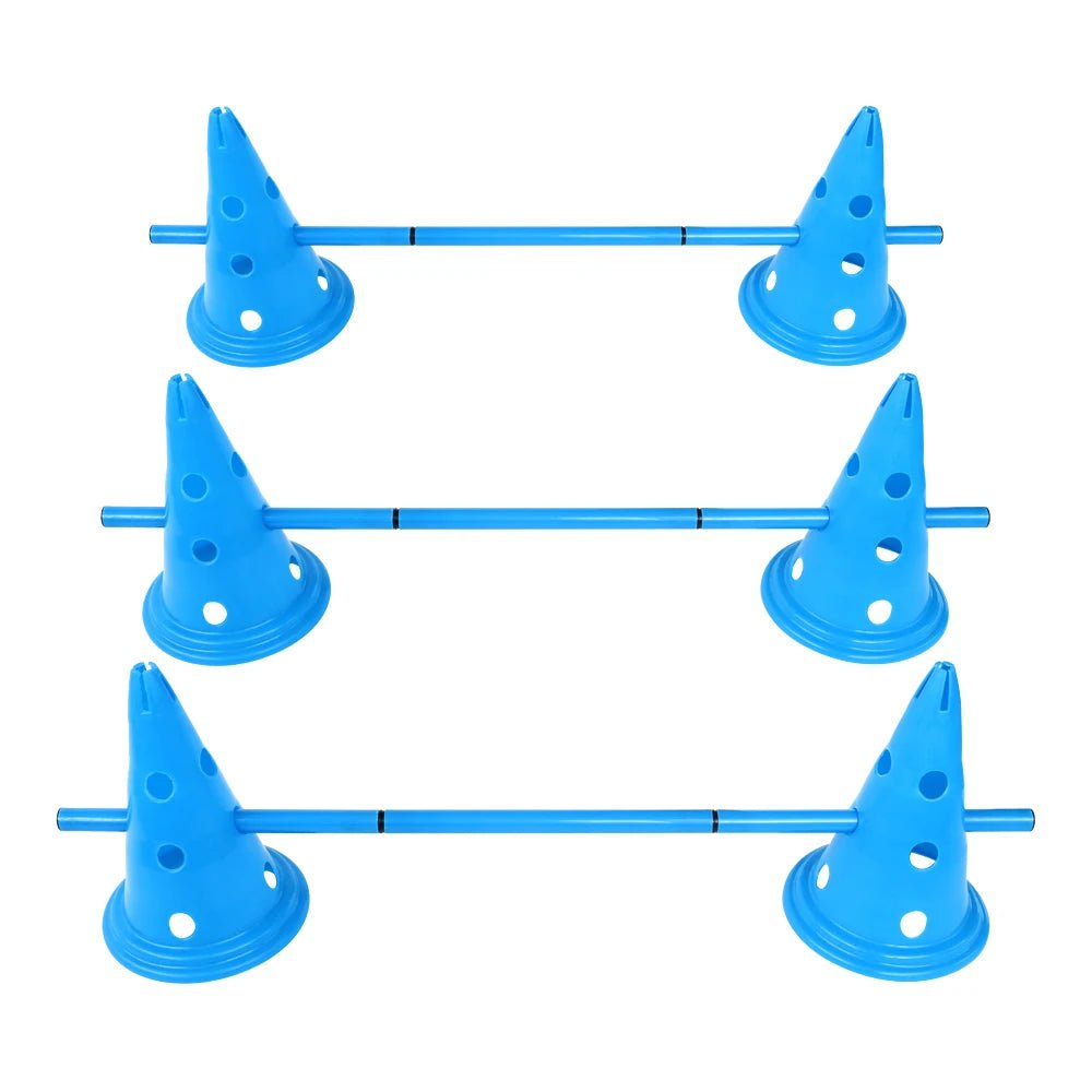 Set of blue traffic cones arranged in a square formation on a white background