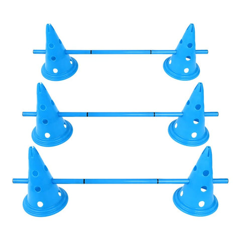 Set of blue traffic cones arranged in a square formation on a white background