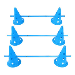 Set of blue traffic cones arranged in a square formation on a white background