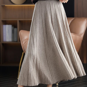 Women's  Cashmere A-Line Skirt Pleated Knit Long Skirt 100%Wool Large Size High Waist Shirring Skirt