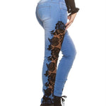Women's Lace Floral Embroidery Jeans Elegant Sexy Denim Pencil Skinny Jeans