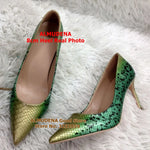 Yellow Green Gradient Color Snakeskin Pumps High Heel Stiletto Shoes Sexy 12cm Thin Heel Pointed Toe Dress Pumps Luxury Shoes