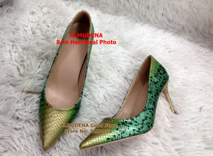 Yellow Green Gradient Color Snakeskin Pumps High Heel Stiletto Shoes Sexy 12cm Thin Heel Pointed Toe Dress Pumps Luxury Shoes