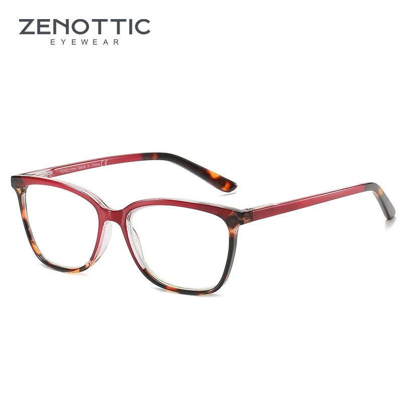 Red and tortoiseshell eyeglasses with 'Zenottic Eyewear' branding on a white background