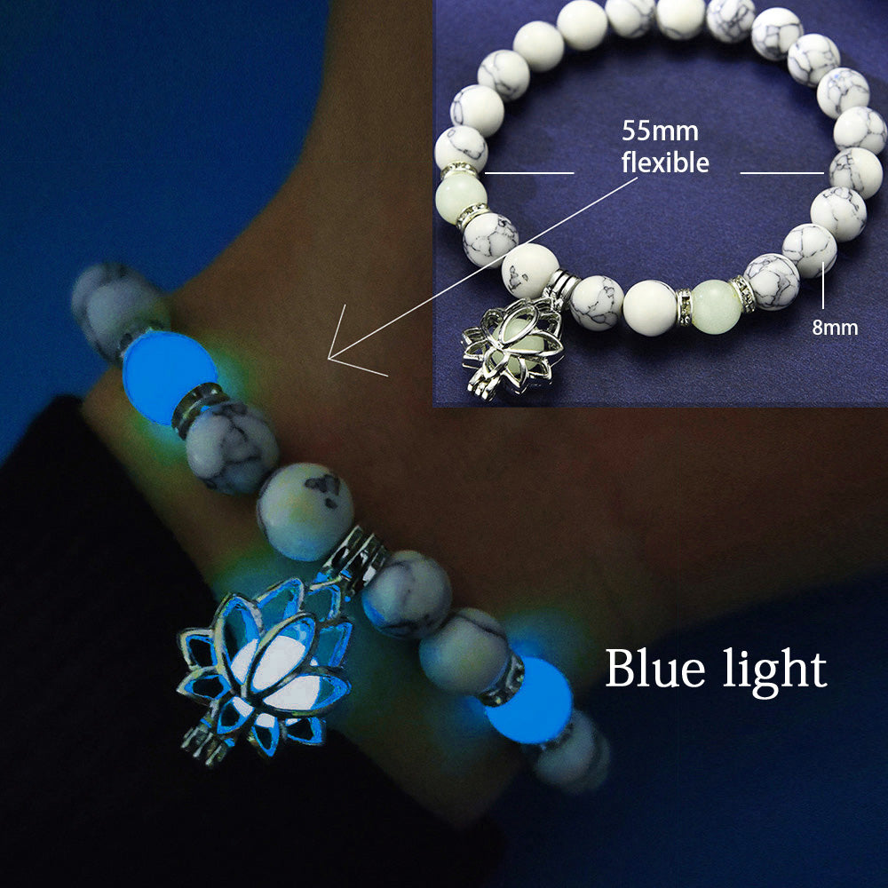 Luminous Glow In The Dark Bracelet Lotus Charm Flower Shaped Charm Bracelet for Women Natural Turquoise Stones Ladies Yoga Prayer Jewelry