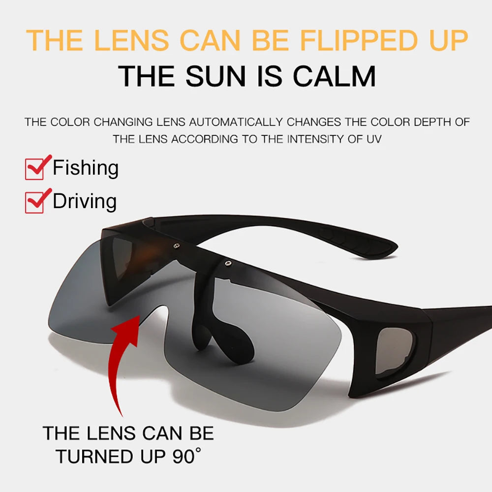 Black sunglasses with a color-changing lens on a white background, featuring text about lens functionality.