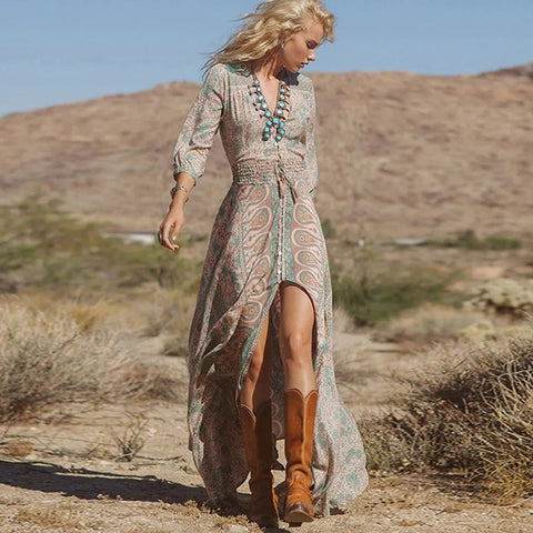 Midi Dress Women Boho Vintage Floral Print Chiffon 3/4 Sleeve V-Neck Slit Summer Hippie Fashion
