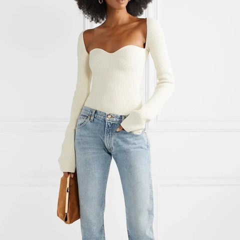 Sweater Women White Side Split Knitted Square Collar Long Sleeve Off Shoulder Casual Fashion Top