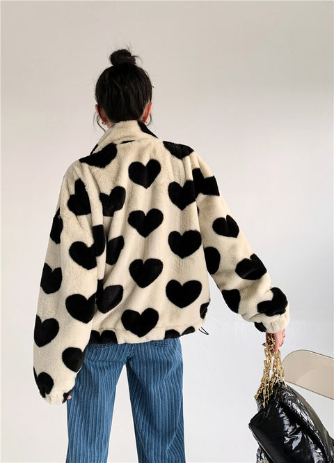 Plush Faux Fur Coat Women Black Hearts Tan Beige Warm Casual Winter Outerwear Fashion