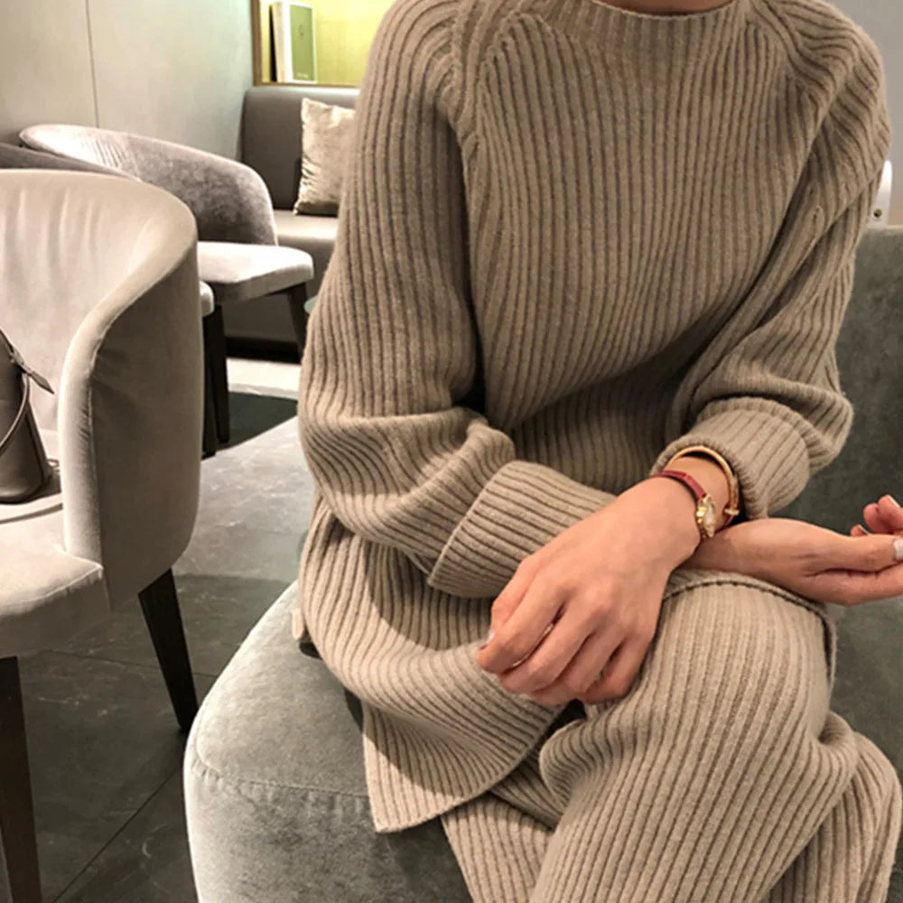 New Boutique Fashion Women's Thick Warm Knitted Two-Piece Pant Suit Pullover Sweater + High Waist Loose Wide Leg Pants Set