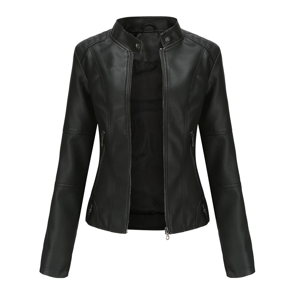 Women's Faux Leather Jacket Spring Autumn Motorcycle Style Stand-up Collar Jacket