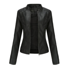 Women's Faux Leather Jacket Spring Autumn Motorcycle Style Stand-up Collar Jacket