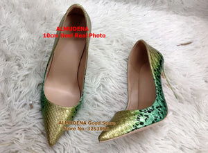 Yellow Green Gradient Color Snakeskin Pumps High Heel Stiletto Shoes Sexy 12cm Thin Heel Pointed Toe Dress Pumps Luxury Shoes