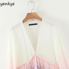 Women's Maxi Dress Multi-Color Gradient Print Long Dress V-Neck Long Sleeve Ruffle Boho A-Line Chiffon Dress