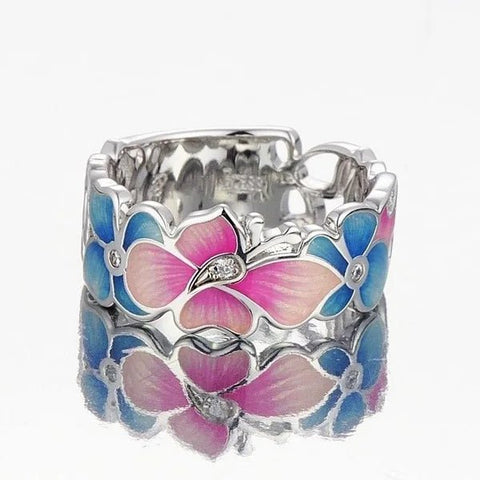 Butterfly Ring Women Pink Blue Enamel Exquisite Vintage 925 Silver Zircon Engagement Promise Gift
